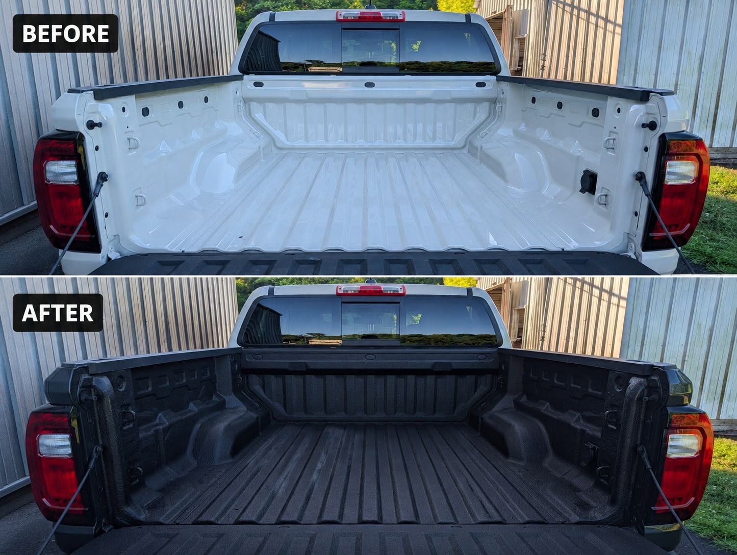 Truck bed before and after a spray-in bedliner installation